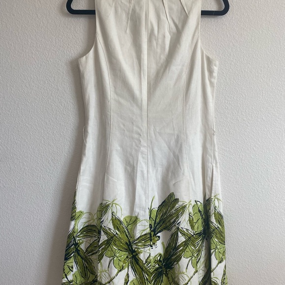 Talbots Size 8 White Green Linen Cotton Sleeveless Dragonfly Lined Dress Pockets - Picture 10 of 15